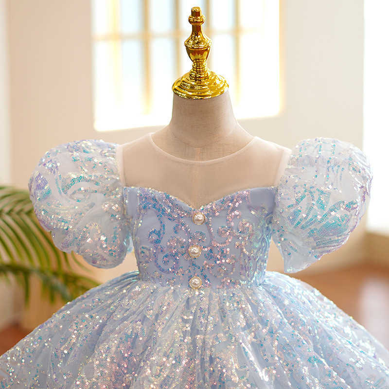 Flickans klänningar Girls Dress Blue Embroidered Sequin Puff Sleeve Princess Dress Girl Baby Birthday Puff Dress Piano Performance Dress W0224