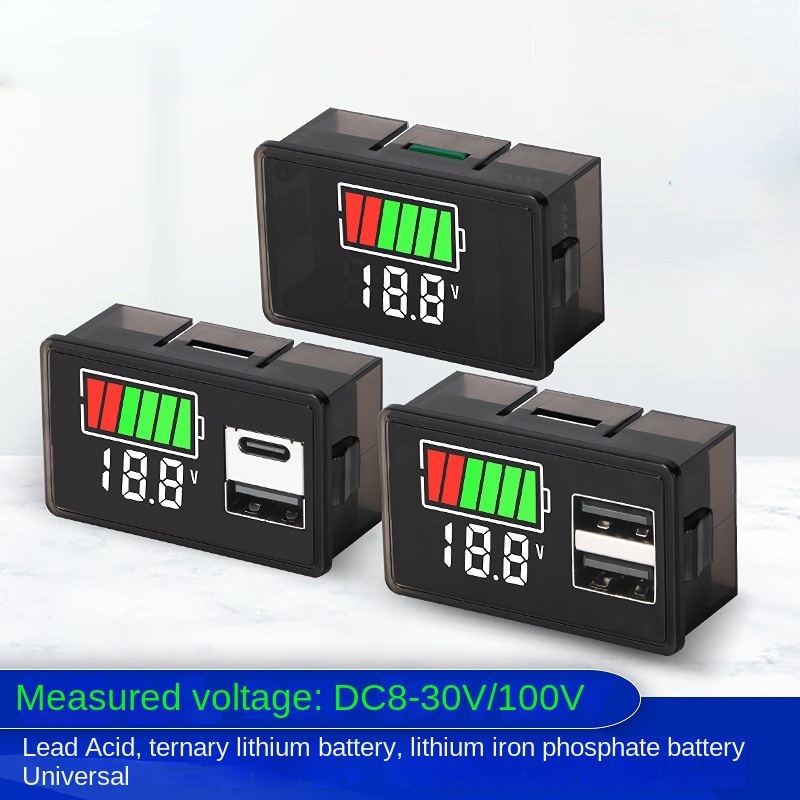 Universell elmätare Dual USB Fast Charge Type-C DC SPOTAGE POWER Dual Display Meter för bly-syra Batterilitiumbatteri