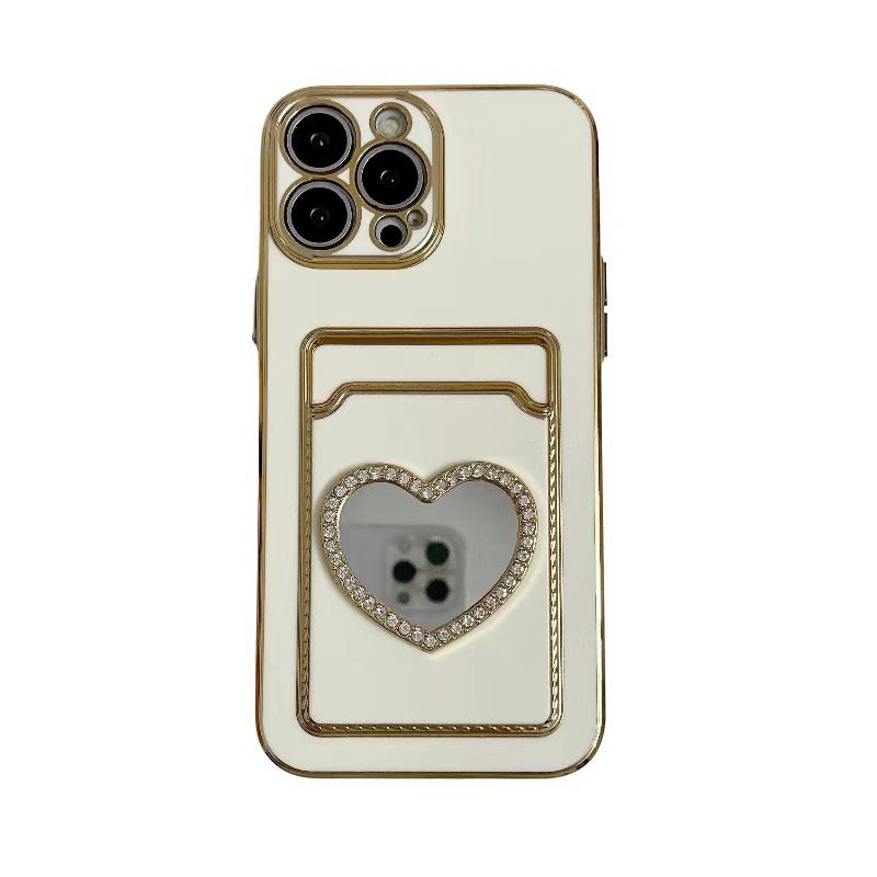 Bling Diamond Mirror Card Pocket Cases voor Iphone 15 14 Pro Max 13 12 11 X XR 8 7 Plus Zachte TPU Kaartsleuf ID Hart Liefde Metallic Plating Verchroomd Fijn Gat Mobiele Achterkant