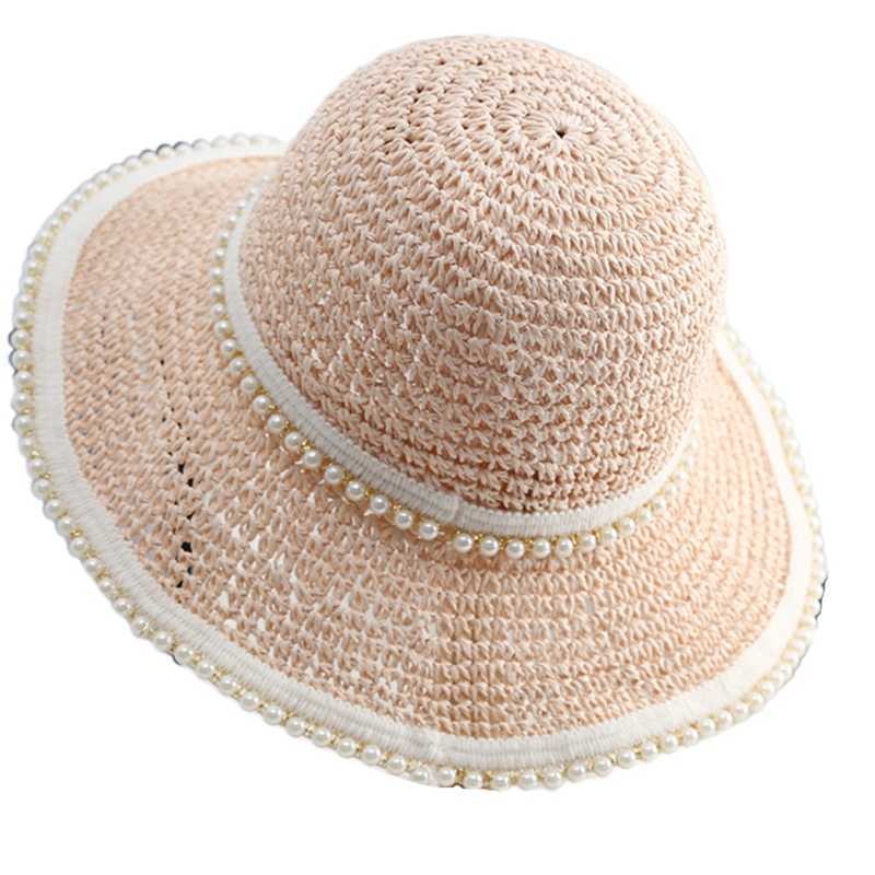 Breda risthattar Pearl Decor Wide Brim Summer Bucket Hat virkade pärlfiskare hattar för kvinnor hudvänliga hattar stora grim T8de G230227