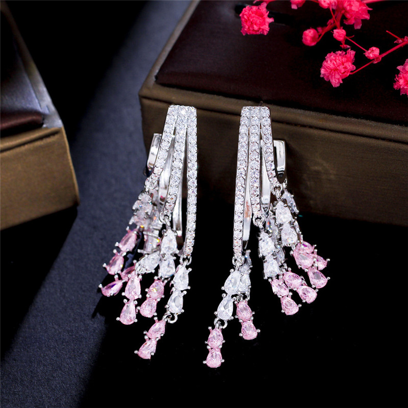 Charm Long Tassel Pink AAA Zirconia Cubic Earring Designer for Woman Party 925 Sterling Silver Post Diamond Earrings South American Wedding Engagement Jewelry