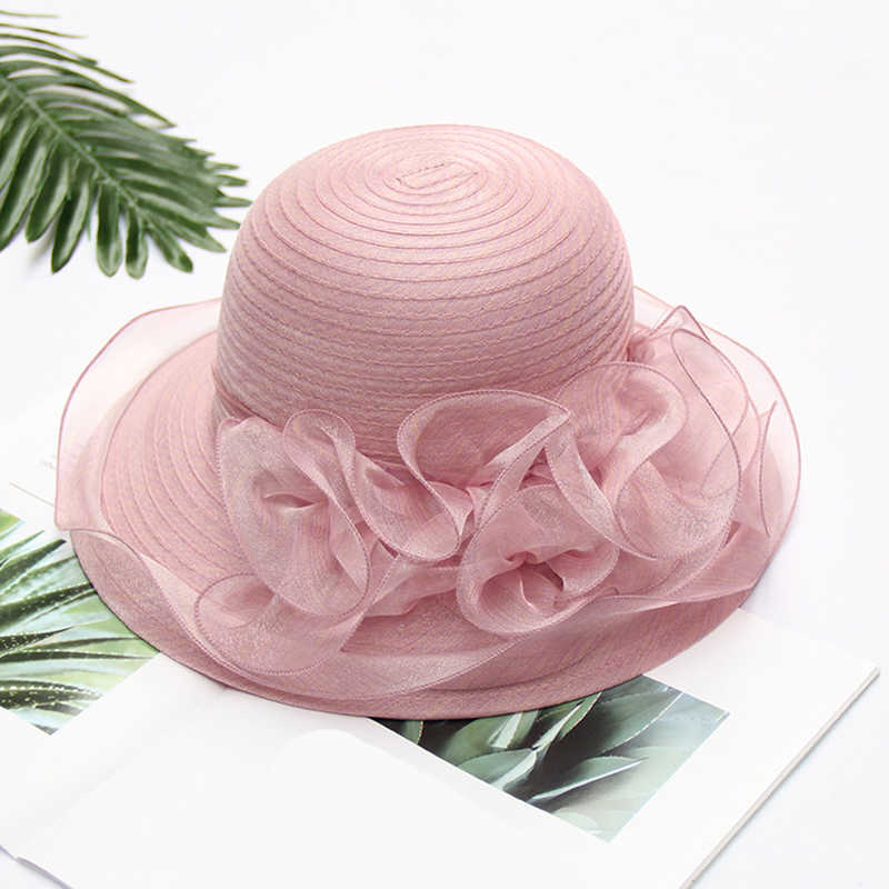 Wide Brim Hats Organza Sun Hats For Women Flower Summer Wide Brim Bucket Hat Female Elegant Floral UV Church Wedding Hats 2022 New Fashion G230227