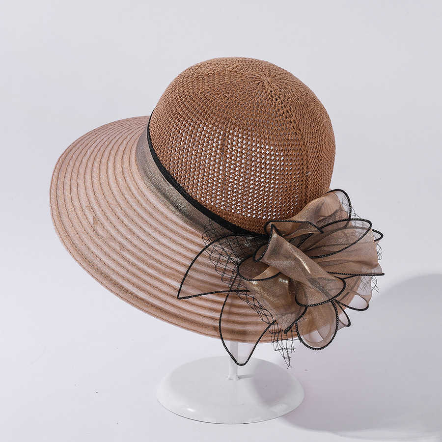 Breda randen hattar sommar organza solhattar för kvinnor kentucky derby hattar elegant blomma fiskare hatt stora breda brim fedora strandkyrka party cap g230227