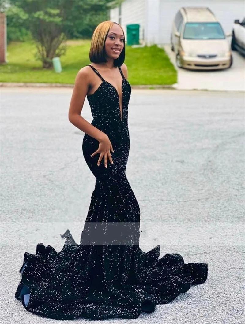 Sparkly Sexy Black Mermaid Prom Dresses 2023 Glitter Sequins Birthday Formal Party Dress Graduation Gown Robe De Bal
