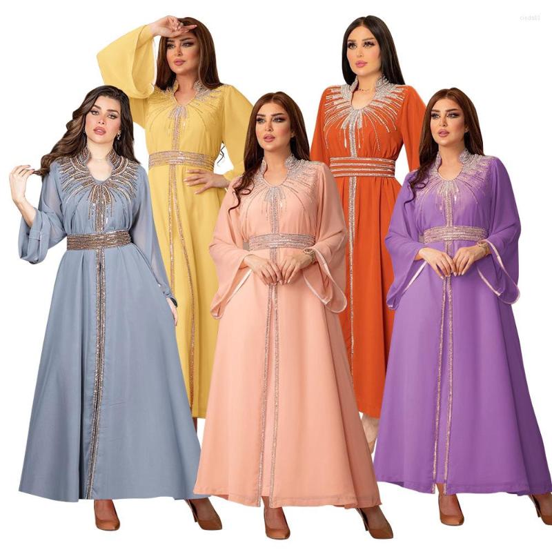 Theme Costume Luxury Diamonds Middle East Kaftan Arabic Robe Chiffon Dress Flare Long Sleeves Crystal Belt Fashion Muslim Jalabya Evening