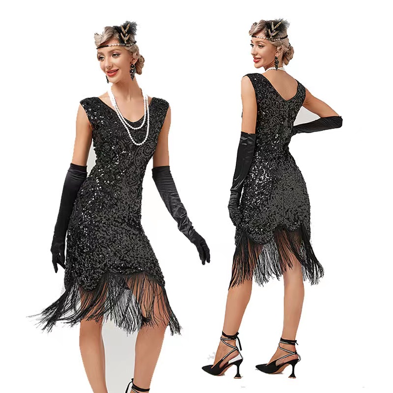Illusion Siyah Deniz Kızı Akşam Elbisesi 1920'ler Tatlım Dantel Aplikler Sizli Uzun Resmi Elbise Sabit Tassles Partisi Partisi önlükleri