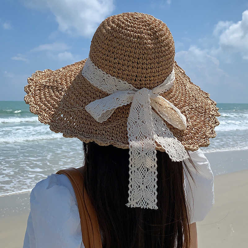 Chapeaux à large bord femmes chapeau d'été avec nœud en dentelle simple pliable large bord disquette filles chapeau de paille chapeau de soleil plage femmes voyage chapeau dame casquette G230227