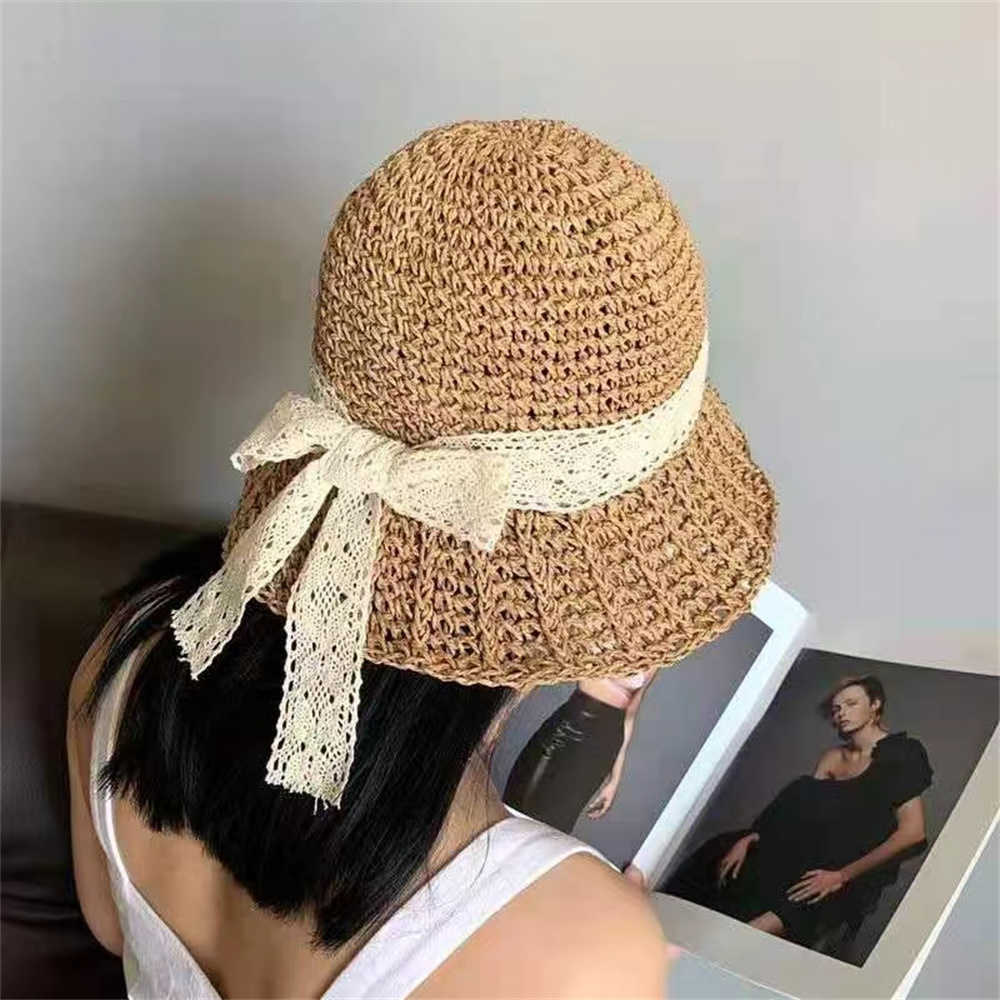 Wide Brim Hats New Simple Foldable Brim Floppy Girls Straw Hat Sun Hat Beach Women Summer Hat UV Protect Travel Cap Lace Bow Lady Cap G230227