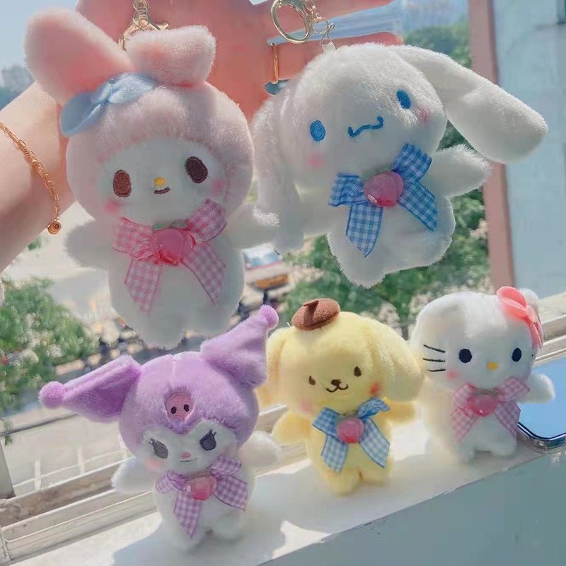 Stuffed Animals 12cm Kuromi Keychain Kawaii Anime Cinnamoroll Purin Dog Keychain Cute Plush Pendant Doll Girls E29