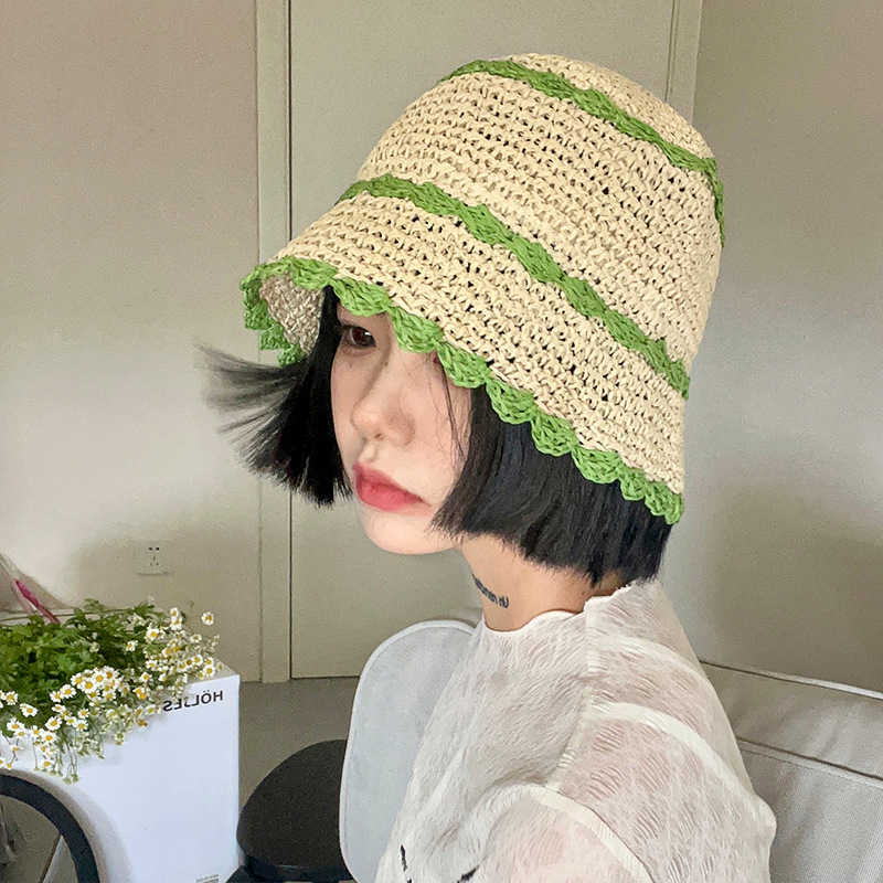 Wide Brim Hats Korean Summer Crocheted Straw Bucket Hat Women's Holiday Hollow Sun Hats Fisherman Cap Outdoor Trend Foldable Sun Caps Mujer G230227