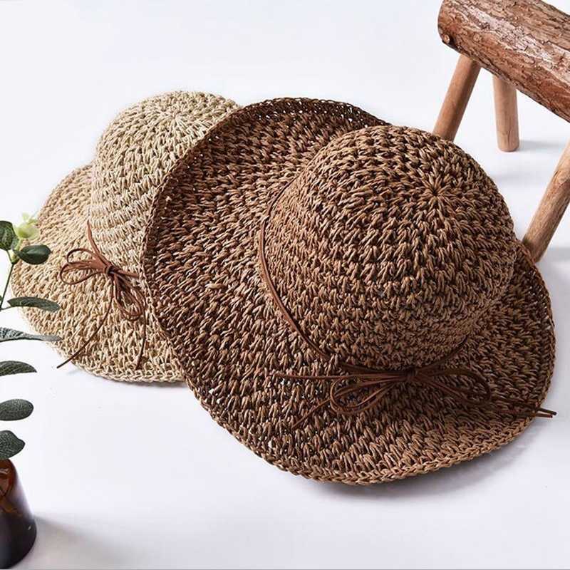 Brede rand hoeden hoed zomer dameskleedbare grote riem strand zon hoed stro strand pet voor dames elegante vakantiereisjes g230227