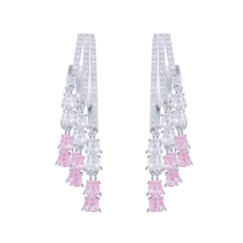 Charm Long Tassel Pink AAA Zirconia Cubic Earring Designer för Woman Party 925 Sterling Silver Post Diamond Earrings Sydamerikanska bröllopsengagemangsmycken