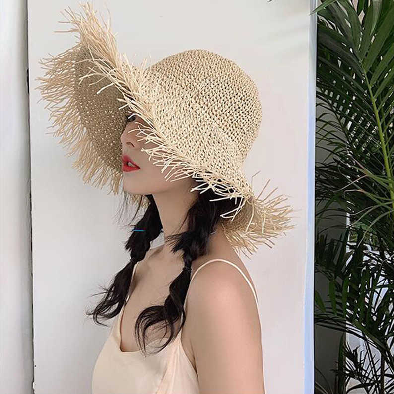 Chapeaux à large bord naturel Tassel Straw Sun Hat Femmes Été Grand chapeau de paille à large bord Floppy Beach Hat Tissage à la main Mode Panama Cap G230227