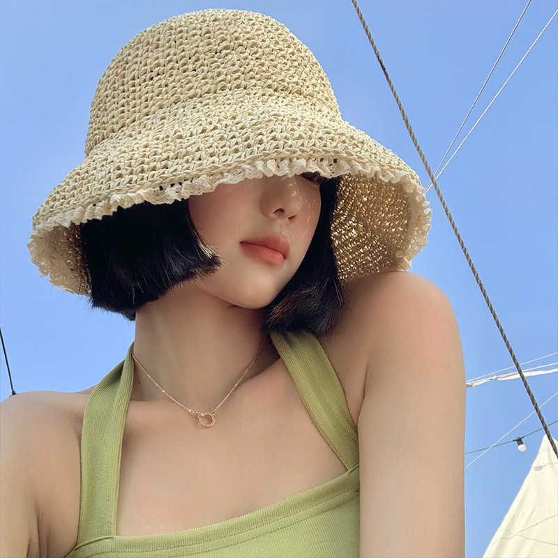 Chapeaux à large bord version coréenne chapeau de paille tissé femmes été respirant bord de mer vacances parasol seau chapeaux dentelle creux chapeau de soleil Mujer G230227