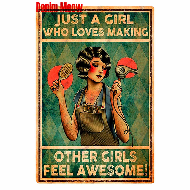 Vintage Hair Stylist Metal Tin Sign Poster Barber Shop Wall Decor Tattoo Artist Metal Poster Frisör Salong Hair Cut Girl Room Wall Art Home Decor Size 30x20CM W01