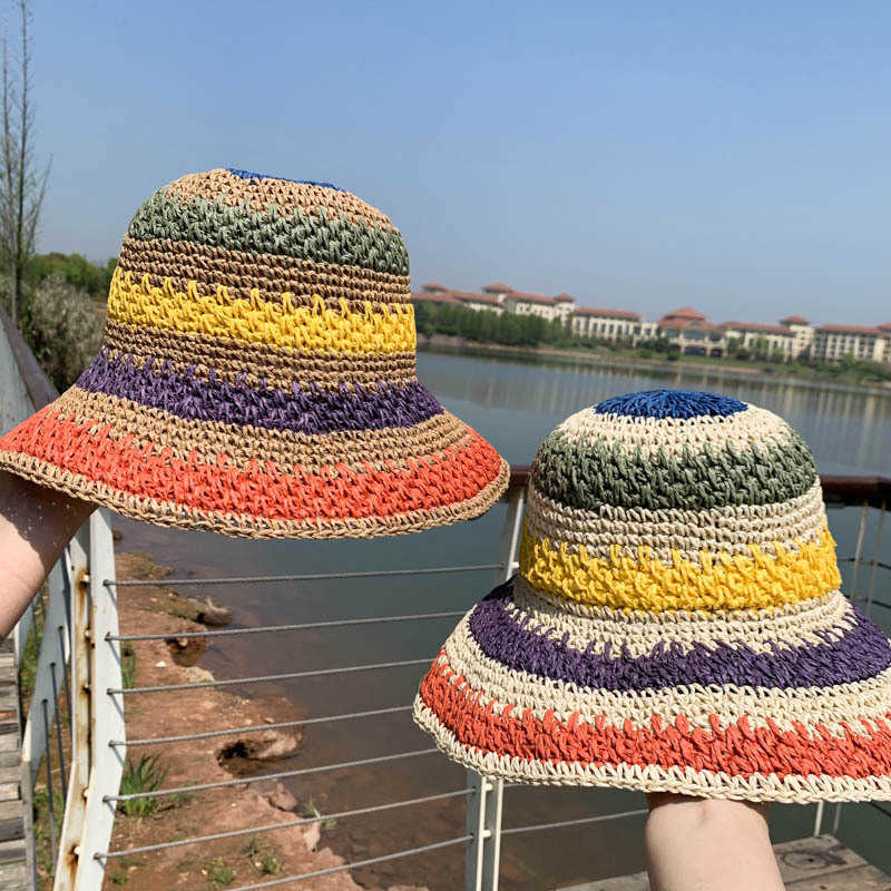 Cappelli a tesa larga Cappello da sole arcobaleno intrecciato a mano le donne Cappello da spiaggia colorato vacanze estive Cappello da spiaggia pieghevole protezione solare Cappello di paglia G230227