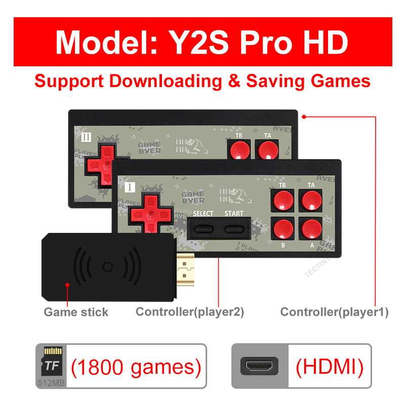 Y2S Game Console Set Mini HD Wireless Double Person Play Games Host Support HD Output Includes 1800 Plus Games With 2 Game Controllers