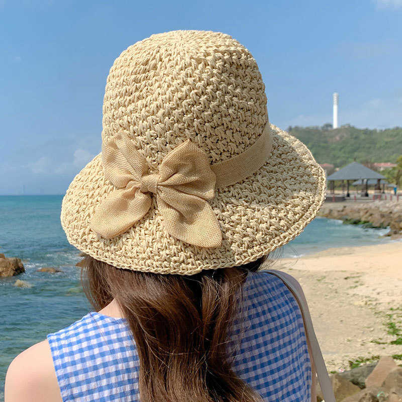 Chapeaux à large bord version coréenne été chapeau de paille femmes arc tissé plage seau casquette à la mode décontracté chapeaux de soleil en plein air à la mode pêcheur casquettes G230227