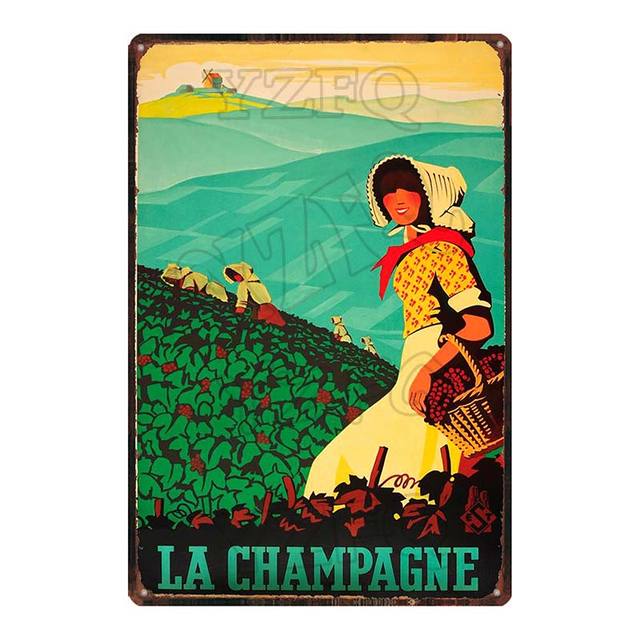 Champagne Wine Metal Tin Sign Win Poster Metal Painting France City Poster Vintage Travel Placa de metal para pared Pub Cafe Home Craft Decor Man Cave Decor Tamaño 30X20cm w01