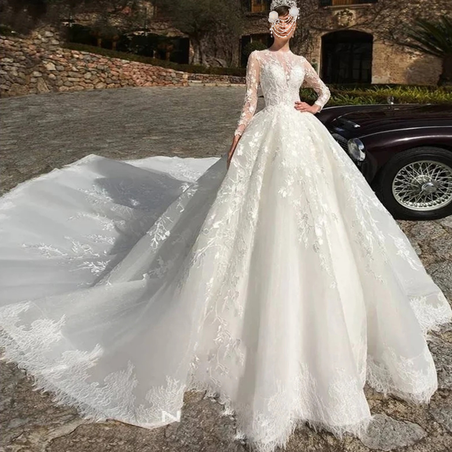 Elegante baljurk trouwjurken appliques o nek lange mouwen een lijn lange satijnen bruidsjurk plus size country bruiloft jurken