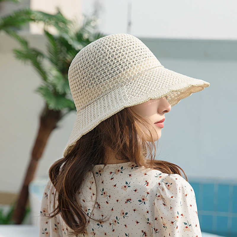 Breda brimhattar 2022 Summer Women's Wide Brim Beach Fisherman's Hat Sun Hat Fashion Floppy Chapeu Feminino Foldbar Visor Cap Anti-UV Straw Hat G230227