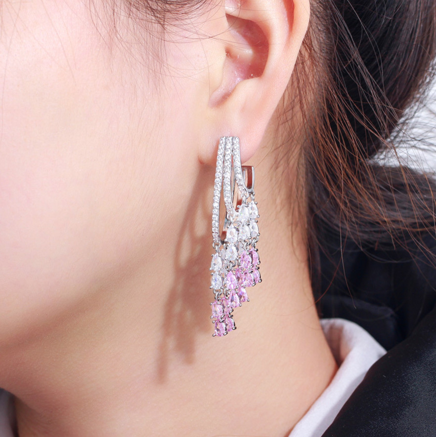 Charm Long Tassel Pink AAA Zirconia Cubic Earring Designer for Woman Party 925 Sterling Silver Post Diamond Earrings South American Wedding Engagement Jewelry