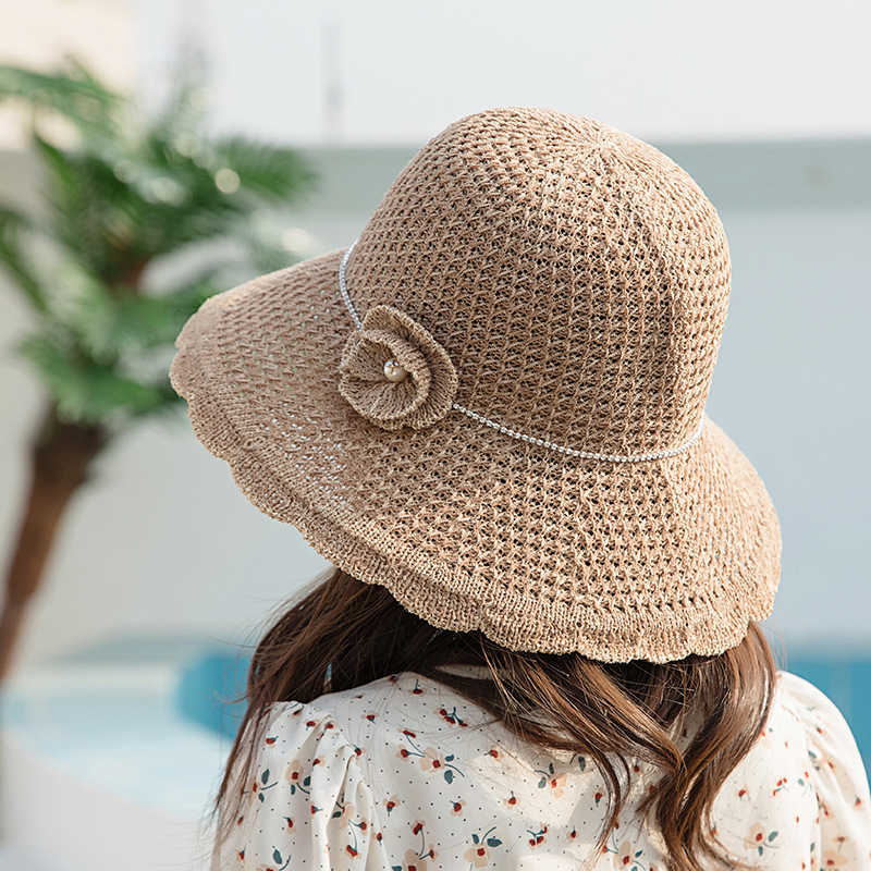 Breda brimhattar 2022 Summer Women's Wide Brim Beach Fisherman's Hat Sun Hat Fashion Floppy Chapeu Feminino Foldbar Visor Cap Anti-UV Straw Hat G230227