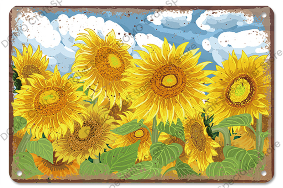 Vintage Colorful Flowers art painting Poster Metal Signs Sunflower Daisy Butterfly Metal Tin Plate for Living Room Home Wall Art personalized Decor Size 30X20cm w02