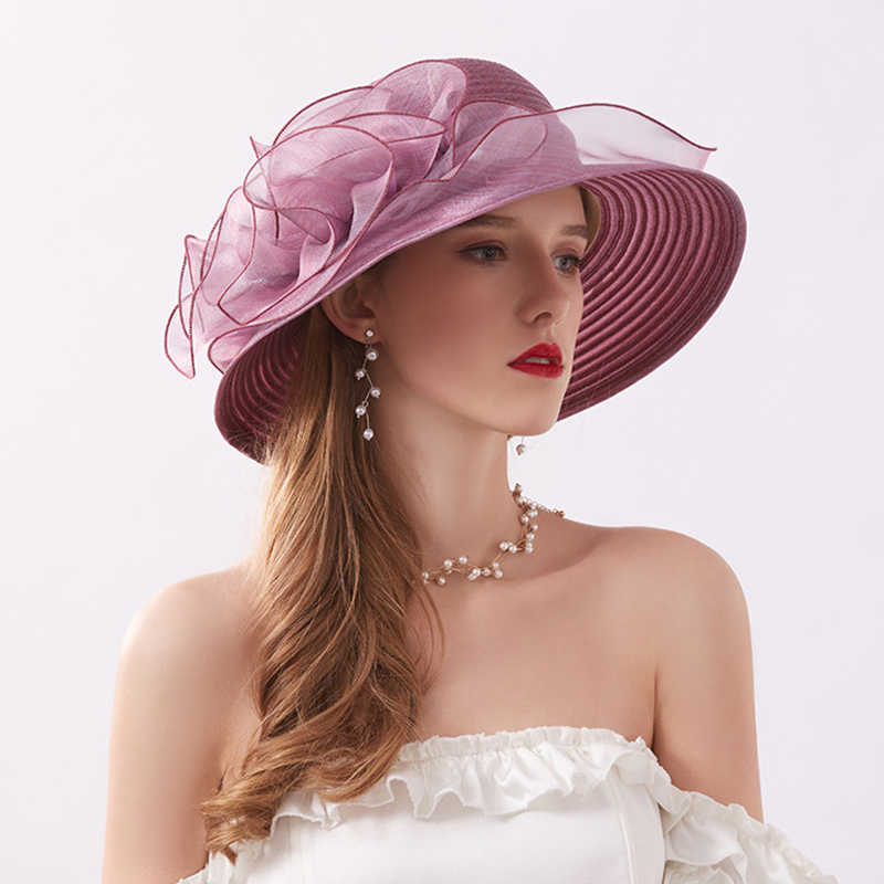 Wide Brim Hats Organza Sun Hats For Women Flower Summer Wide Brim Bucket Hat Female Elegant Floral UV Church Wedding Hats 2022 New Fashion G230227
