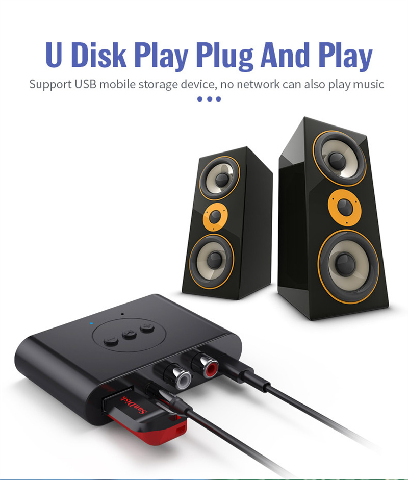 Bluetooth 5.0 Audio -ontvanger U Disk RCA 3,5 mm 3.5 Aux Jack Stereo Music Wireless Adapter met MIC voor autokitluidsprekerversterker
