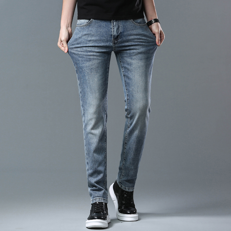 Herr jeans vår sommar tunt denim smal fit europeisk amerikansk high-end märke små raka byxor xw2070-3
