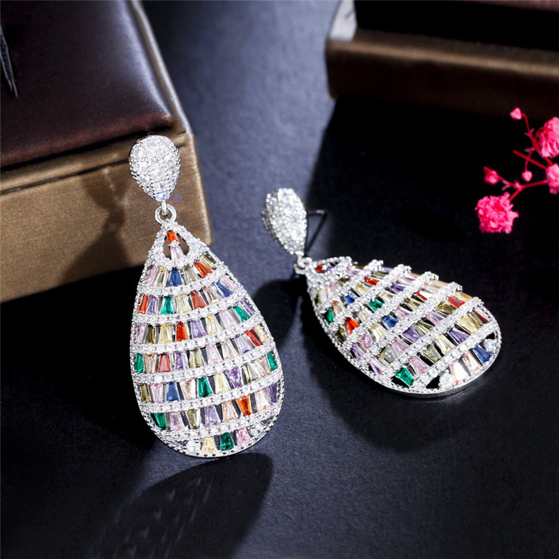 Charm Luxury Big Water Drop Colorful AAA Zirconia Cubic Earring Designer donna Party Copper Diamond Silver Orecchini South American Wedding Engagement Jewelry