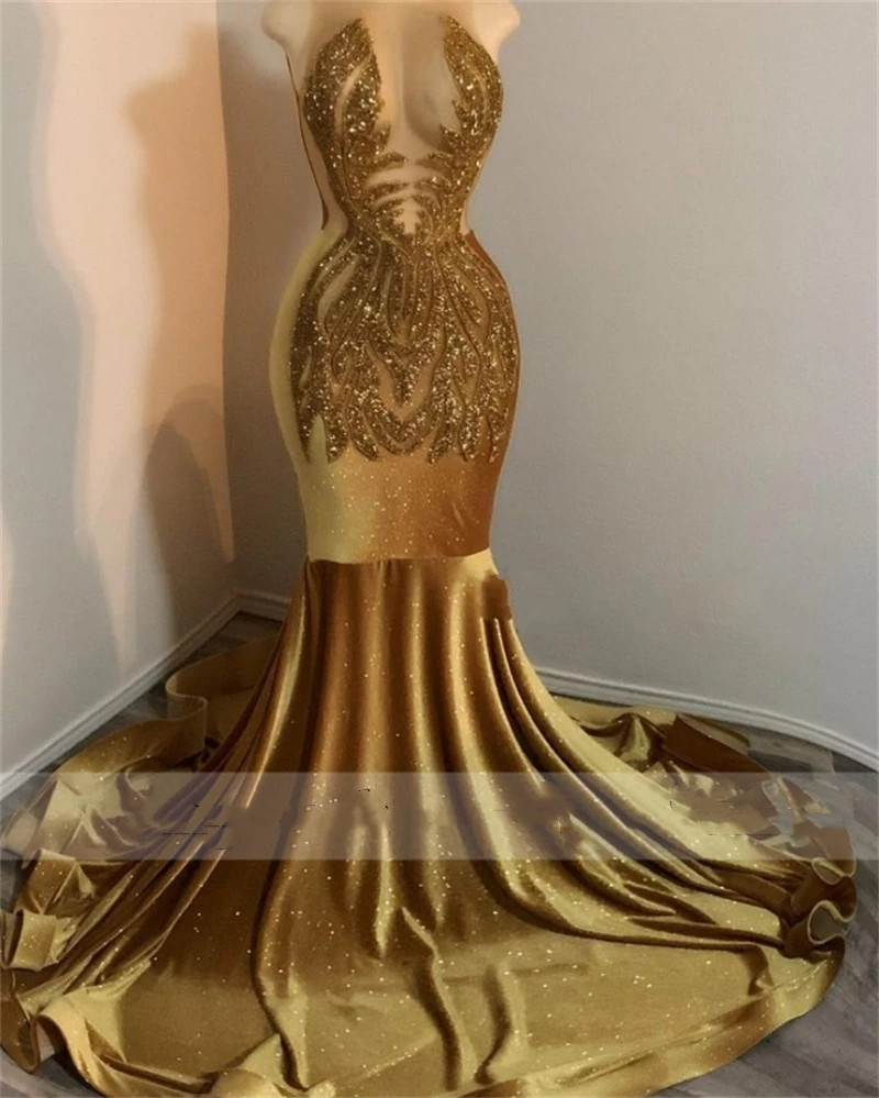 Veludo dourado brilhante com miçangas e lantejoulas vestidos de baile sereia 2023 para meninas negras pescoço transparente vestido de festa formal robes de baile