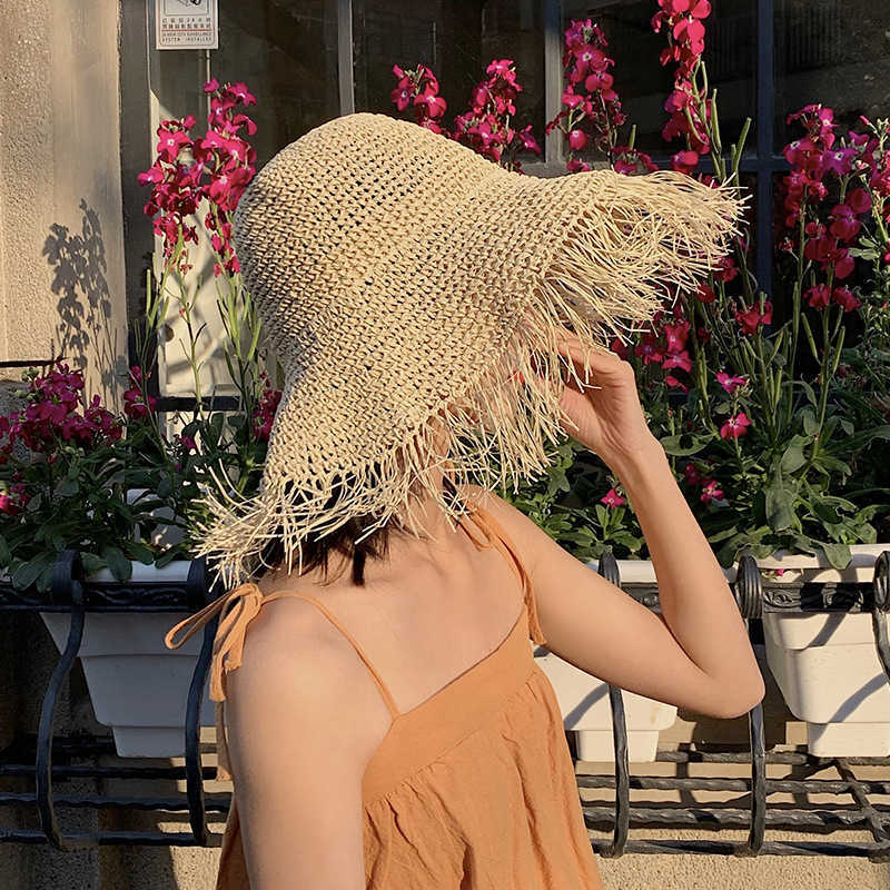 Geniş Memlu Şapkalar Doğal püskül saman güneş şapka kadınlar yaz büyük hasır şapka geniş brim fıstığı plaj şapkası el örgü moda panama şapkası g230227