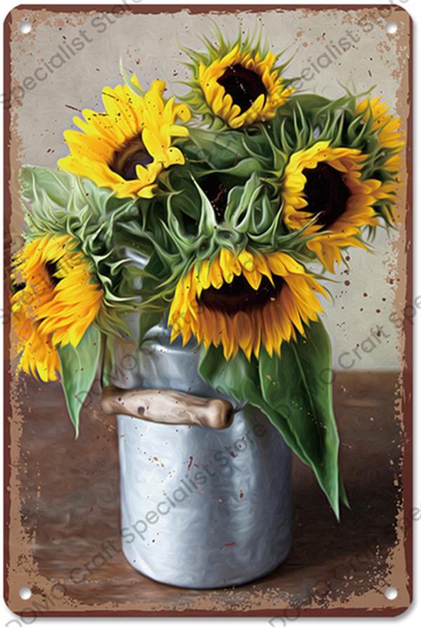 Vintage Colorful Flowers art painting Poster Metal Signs Sunflower Daisy Butterfly Metal Tin Plate for Living Room Home Wall Art personalized Decor Size 30X20cm w02