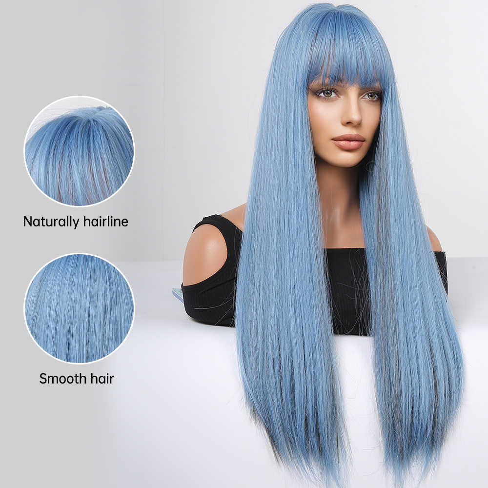 Synthetische pruiken Easihair Lang rechte grijze blauwe synthetische pruiken met pony Natuurlijk haar voor vrouwen cosplay feest hittebestendige vezel 230227