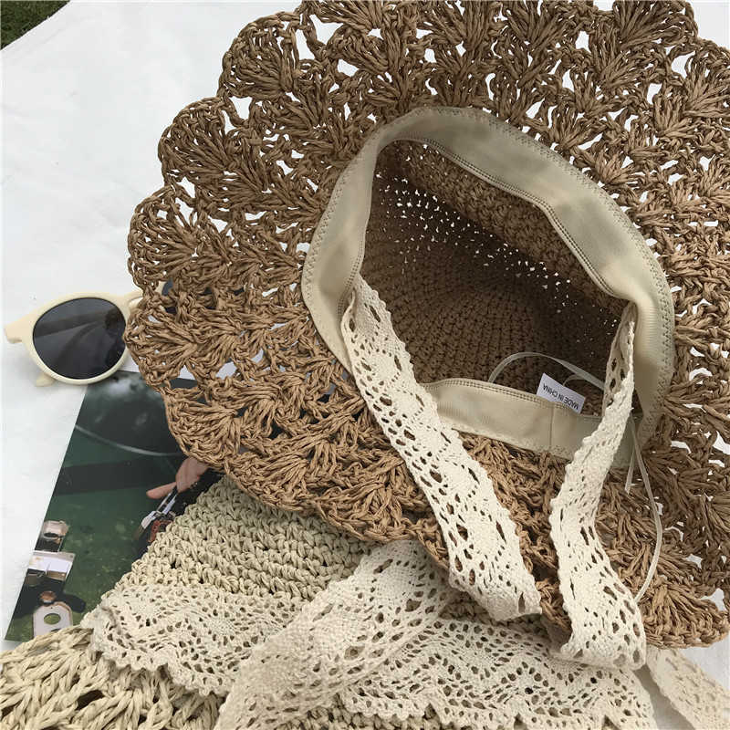 Wide Brim Hats Korean Version of Ins Lace Straw Hat Hollow Straw Woven Sunscreen Sunshade Beach Hat Big Eaves Women Sun Casqutes G230227