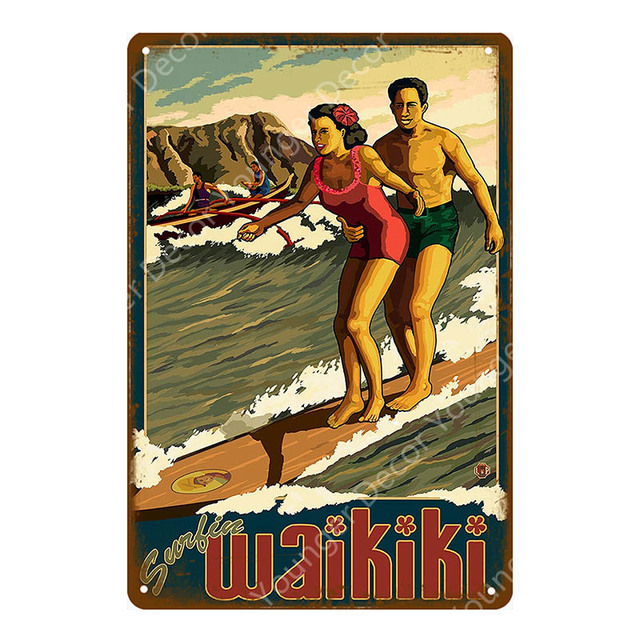 Vintage Surf Shop Decor Aloha Hawaii Metal Tin Signs Wall Art Painting Plate Seaside Bar Pub Club Plaque Waikiki Beach Poster 30x20cm Woo