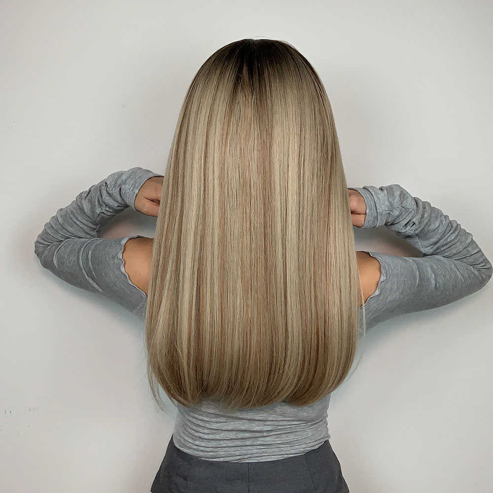 Perruques Synthétiques Easihair Longue Ligne Droite Perruques Synthétiques avec Frange Brun à Blonde Ombre Cheveux Naturels pour Femmes Cosplay Résistant À La Chaleur 230227