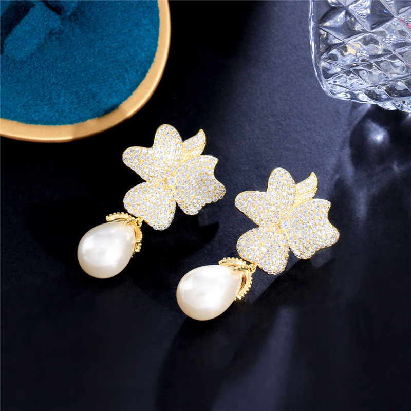 Charm Diamant Blume Perle Designer Ohrring für Frau S925 Silber Post AAA Kubikzirkonia Südamerikanisches Kupfer Braut Hochzeit Verlobung Gold Luxus Ohrringe Geschenk
