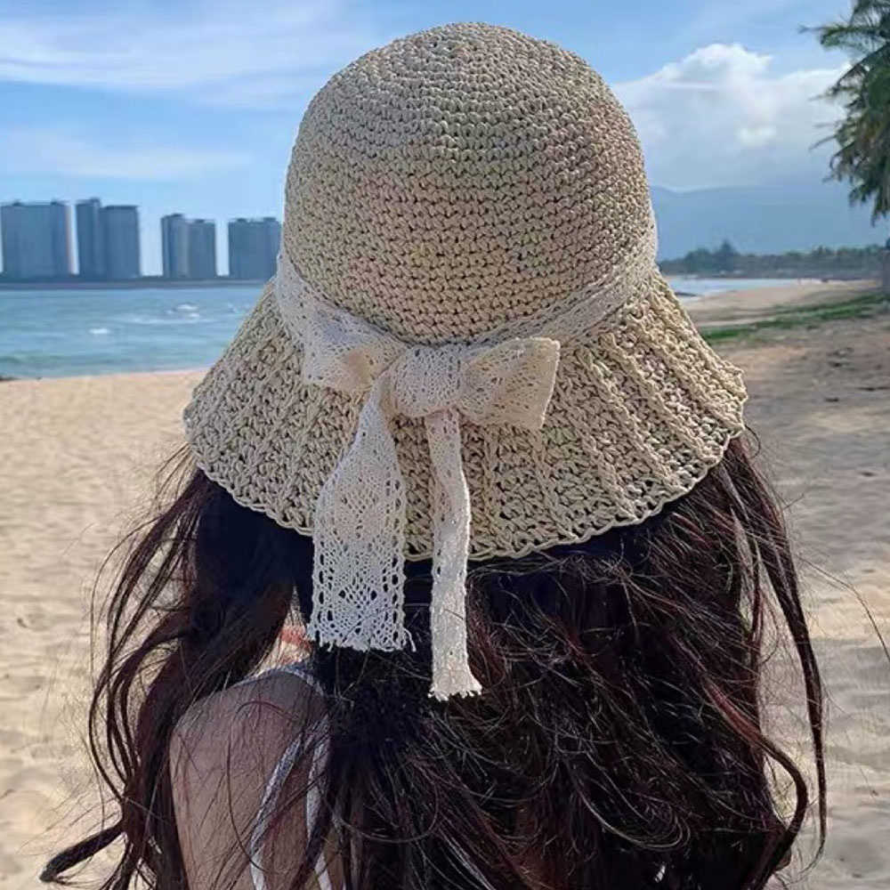 Wide Brim Hats New Simple Foldable Brim Floppy Girls Straw Hat Sun Hat Beach Women Summer Hat UV Protect Travel Cap Lace Bow Lady Cap G230227