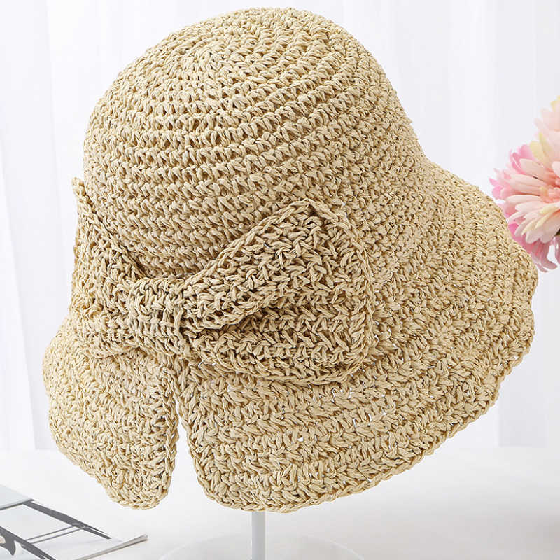 Breda brimhattar HT2459 Högkvalitativa kvinnor Hat damer Elegant Big Bow Summer Hat Korea Style Solid Crochet Straw Hat Female Sun Hats For Women G230227