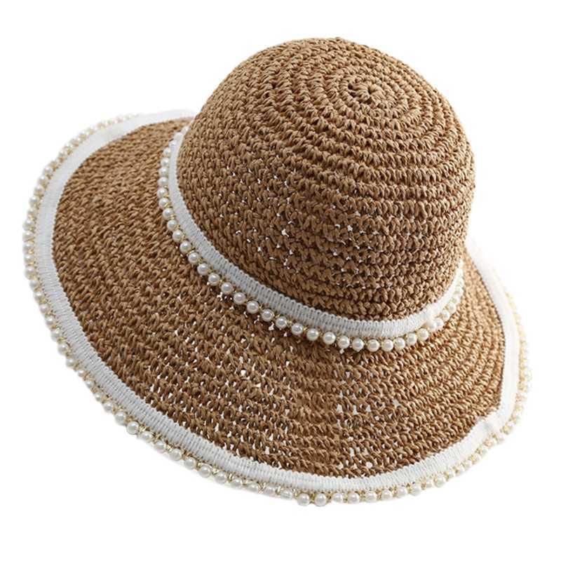 Hüte mit breiter Krempe, Perlendekor, Sommer-Eimerhut mit breiter Krempe, gehäkelte Perlen-Fischerhüte für Frauen, hautfreundliche Hüte mit großer Krempe, T8DE G230227