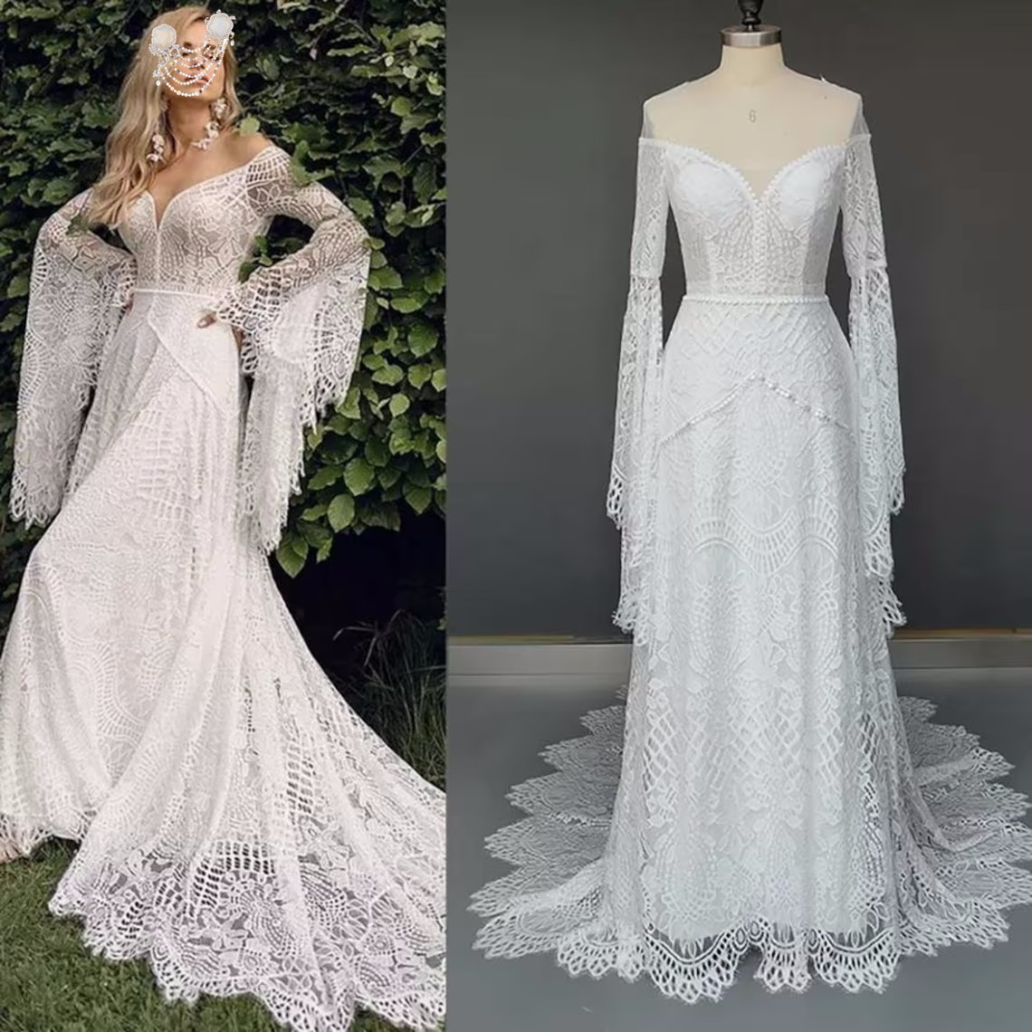 Vestidos de noiva de renda branca elegantes Novo estilo country do ombro de mangas compridas vestidos de noiva de praia vestidos de soiree feita sob medida