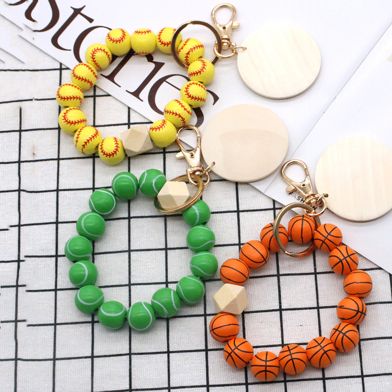 6 styles bracelet perlé porte-clés fête faveur baseball basket-ball porte-clés volley-ball football bracelet de perles en bois porte-clés Llavero De Pulsera Con Cuentas