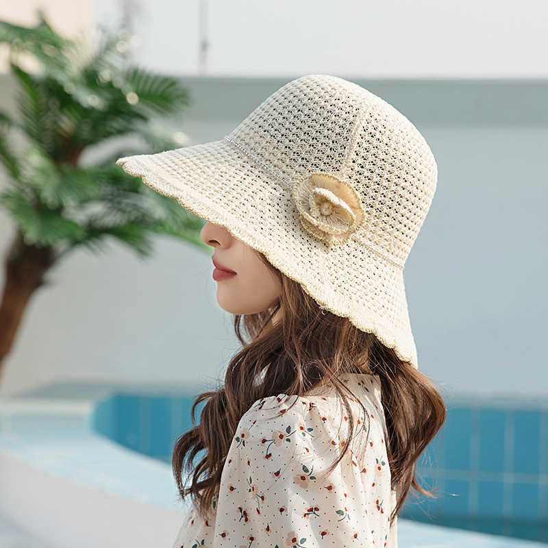 Breda brimhattar 2022 Summer Women's Wide Brim Beach Fisherman's Hat Sun Hat Fashion Floppy Chapeu Feminino Foldbar Visor Cap Anti-UV Straw Hat G230227