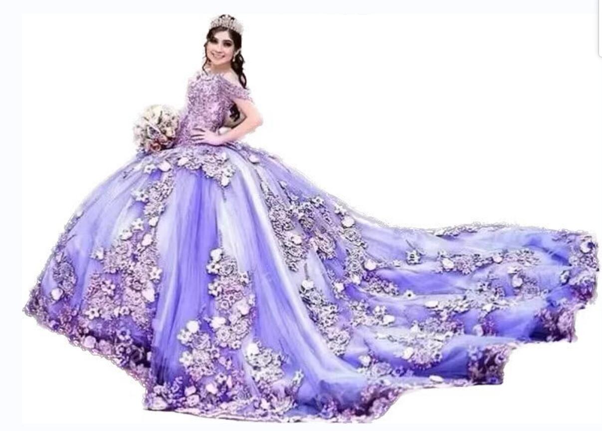 2023 LILACラベンダーオフショルダービーズQuinceanera Dresses Ball Gown Sweet 16 Year Princess Dresses 15年間Vestidos DE 15 GW6903247