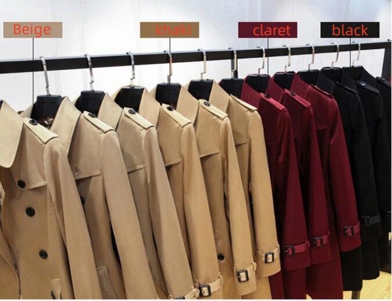 Med logotyp British Style Trench Coat för kvinnor Nya kvinnors rockar Spring och Autumn dubbelknapp över kappa Långt plus storlek XS-3XL Beige Khaki Black Navy