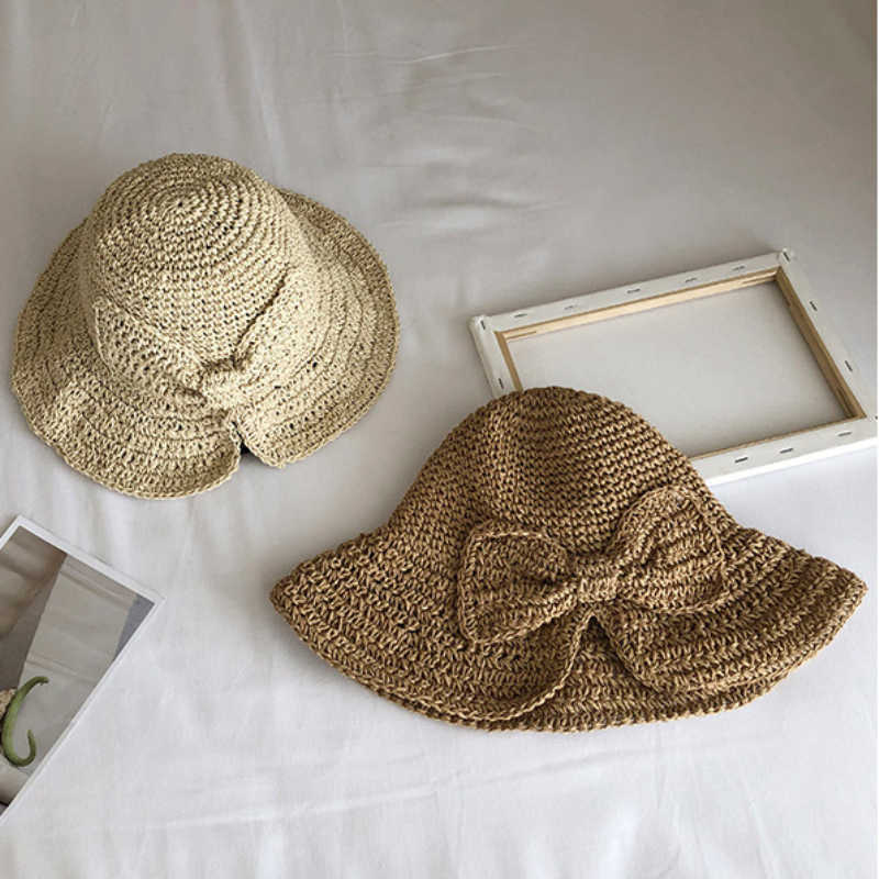 Chapeaux à large bord HT3020 Chapeau de paille Style coréen Arc Printemps Été Chapeau de soleil Femmes Packable Crochet Tricoté Chapeau à large bord Dames Solid Dome Beach Hat G230227