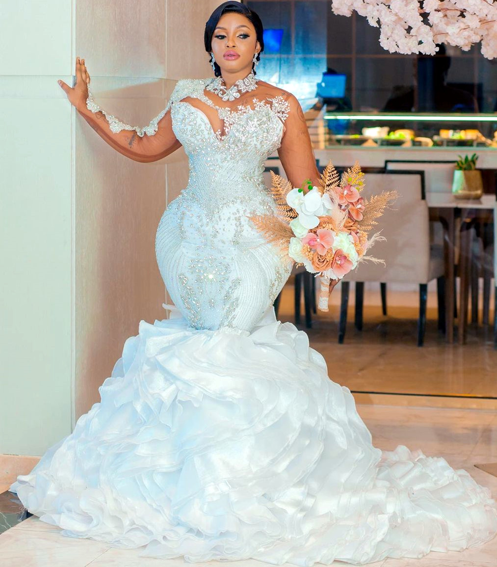 2023 Arabic Aso Ebi White Mermaid Wedding Dress Beaded Crystals Lace Detachable Train Bridal Gowns Dresses ZJ990